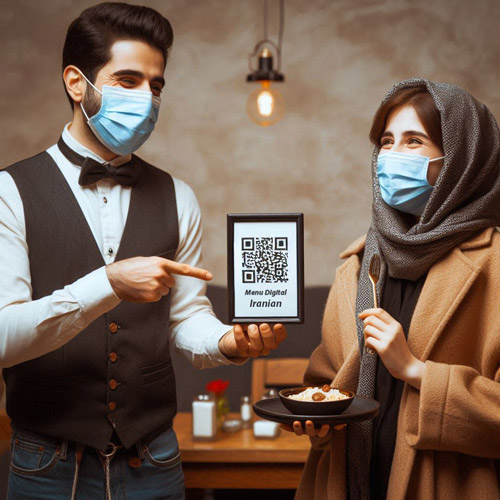 گارسون و مشتری با ماسک محافظ در کافی شاپ