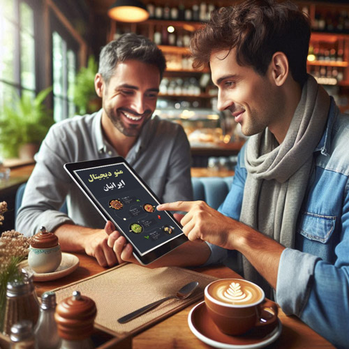 دو مشتری در کافی شاپ و کار با منو غذا