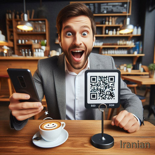 یک مشتری در کافی شاپ در حال دیدن qr code